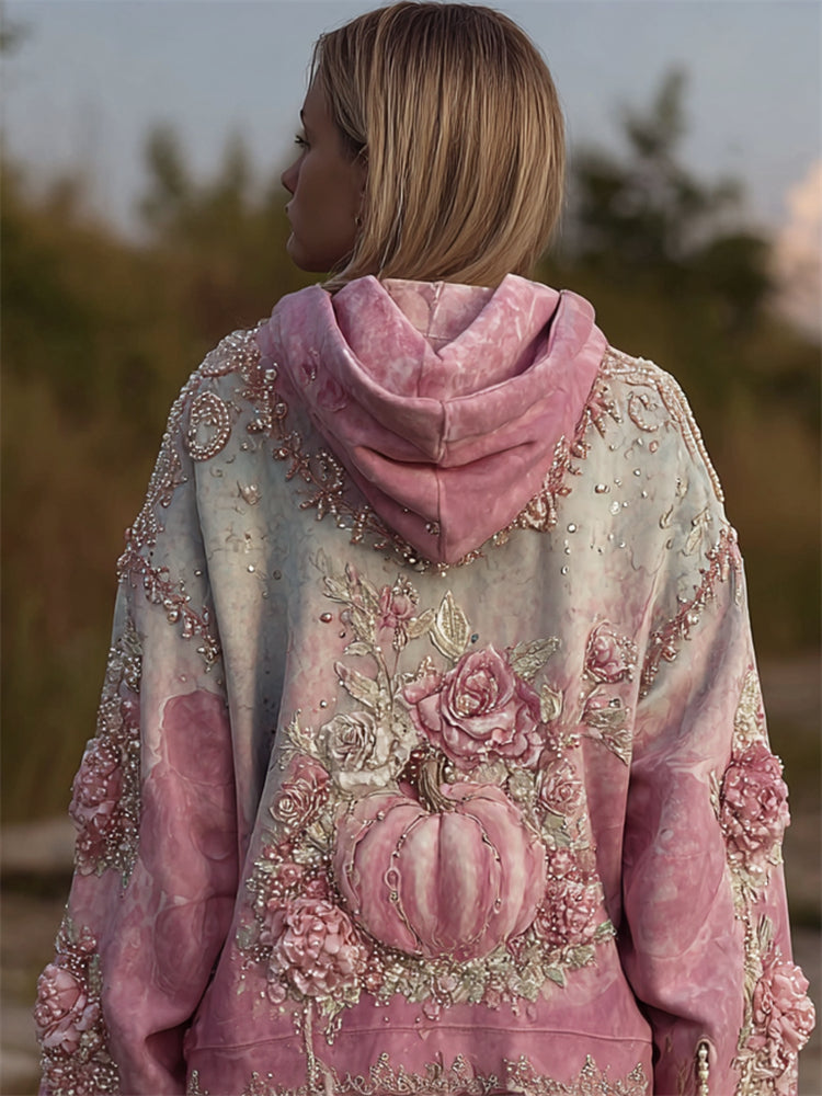 Comstylish Thanksgiving Pink Pumpkin Floral Glitter Beaded Gradient Hoodie