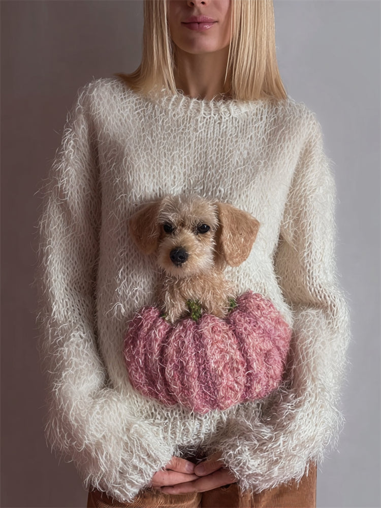 Comstylish Lovely Fuzzy Dog & Pink Pumpkin Cozy Knit Sweater