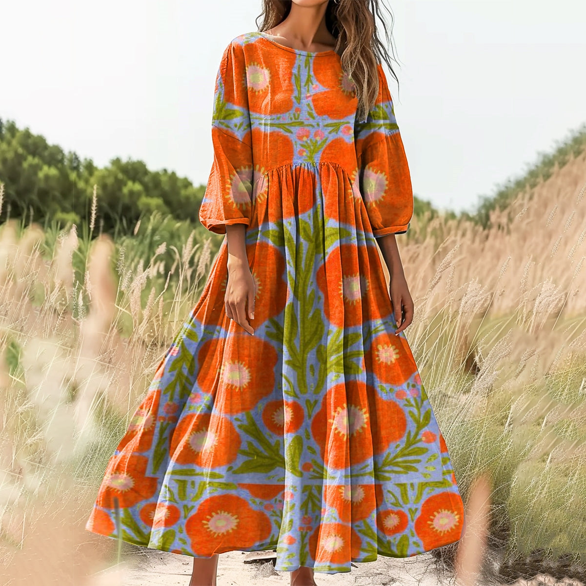 Women's Floral Pattern Art Print Crew Neck Cotton Dress