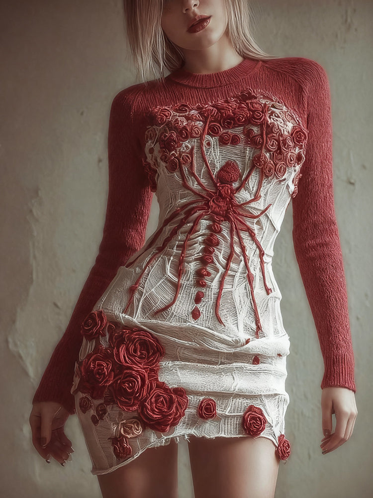 Women's Halloween Spider And Red Rose Round Neck Dress artswardrobe