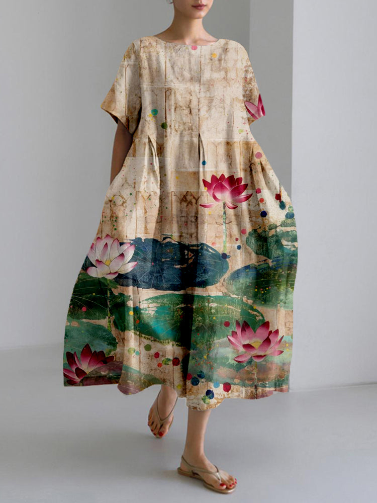 Comstylish Vintage Lotus Flower Art Linen Blend Cozy Maxi Dress