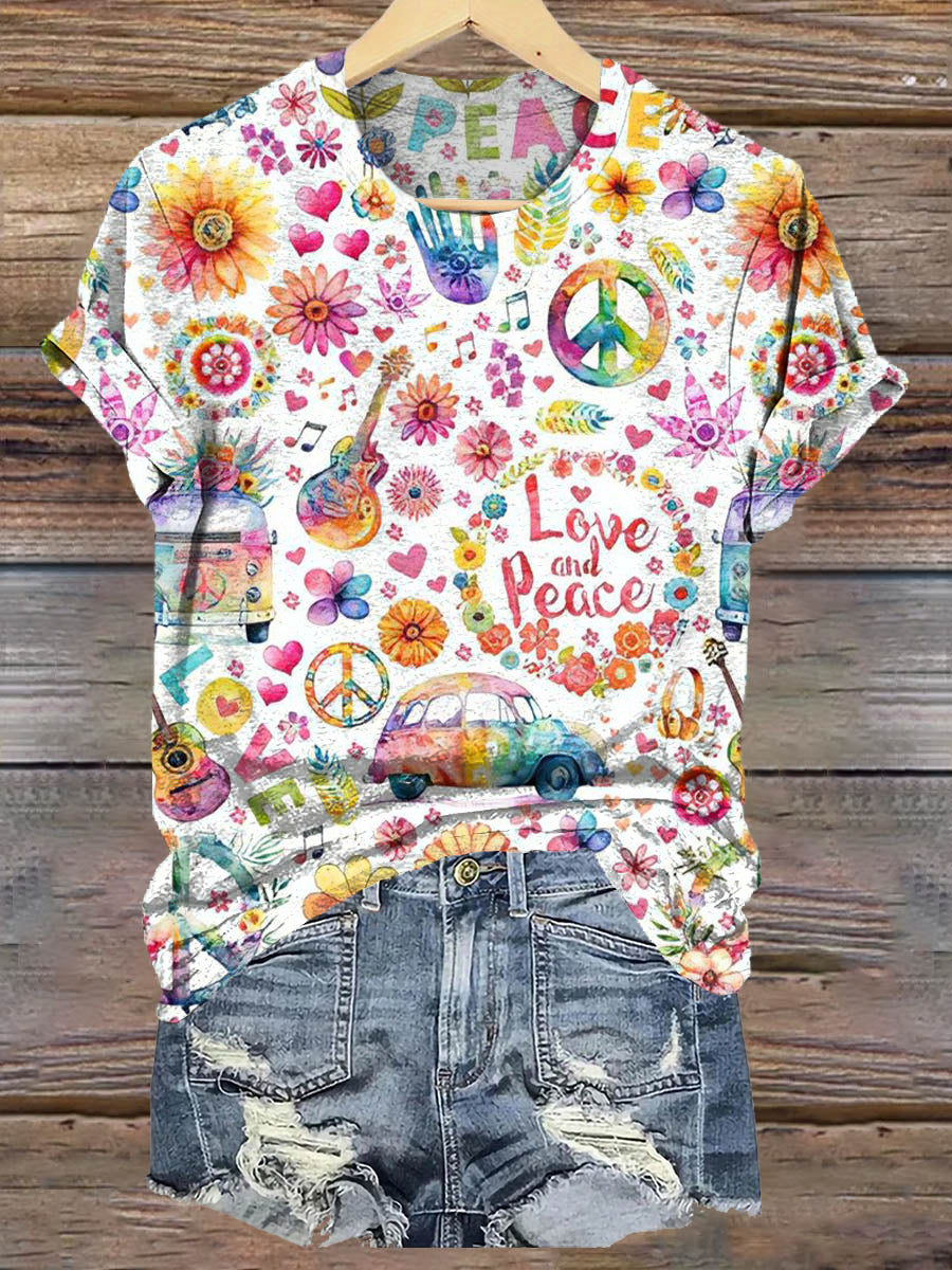 Hippie Peace Love Art Print Casaul Short Sleeve T-shirt