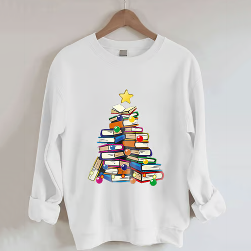 Comstylish Women's Christmas Book Tree Print Casual Sweatshirt