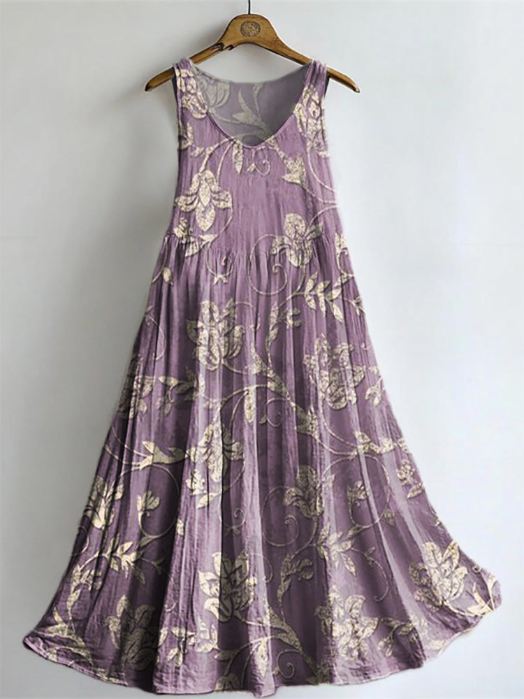 Women's Vintage Folk Art Floral Pattern Print Sleeveless Cotton Pocket