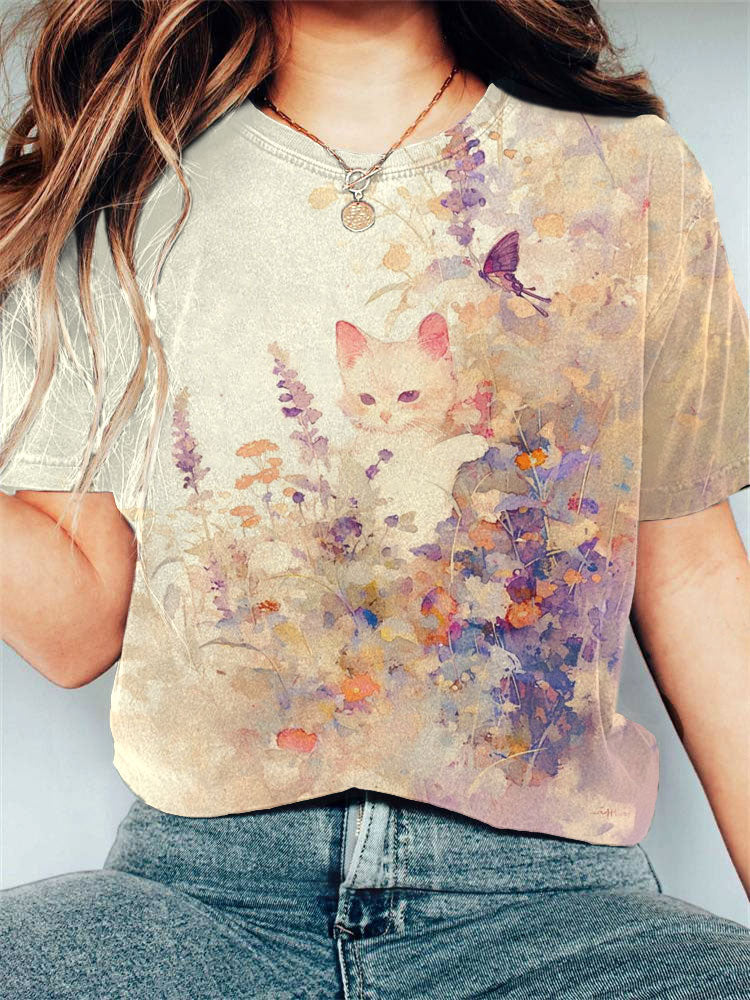Comstylish Women's Casual Japanese Art Black Cat Print T-shirt