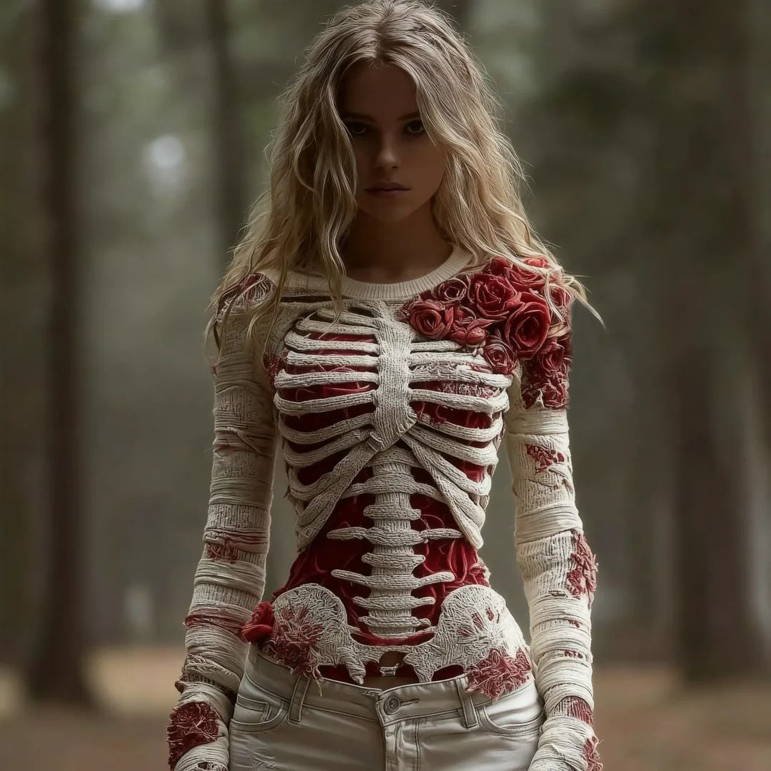 Women's Red Rose Skeleton Art Cozy Knit Pullover Sweater artswardrobe