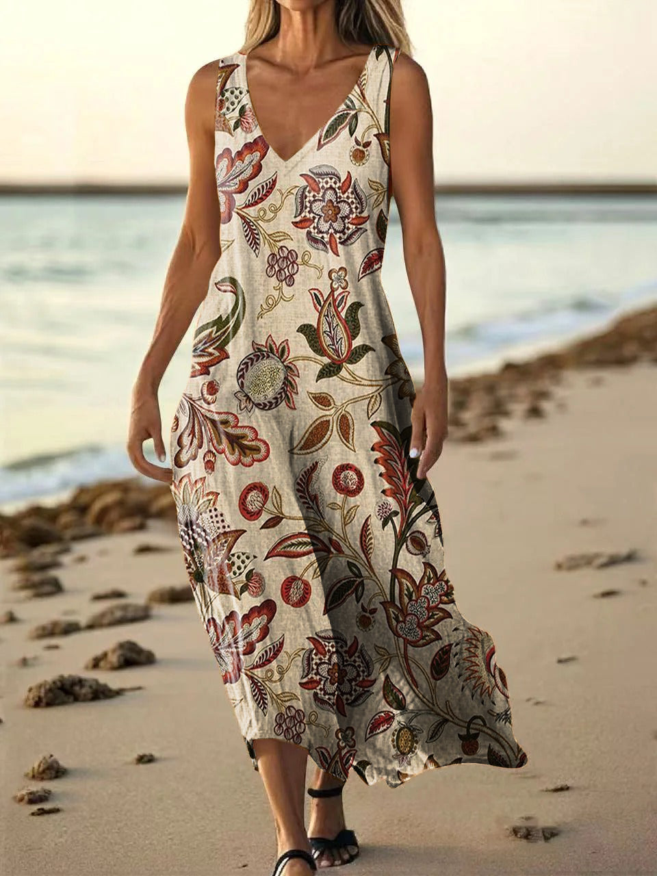 Women's Vintage Folk Floral Art Print Sleeveless V Neck Pocket Cotton