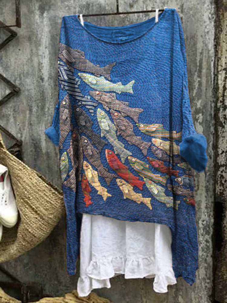 Women's Vintage Fish Patchwork Art Linen Blend Shirt artswardrobe