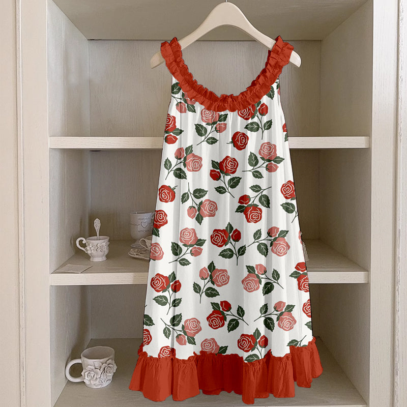 Cottagecore Roses Floral Pattern Ruffle Trim Linen Dress artswardrobe