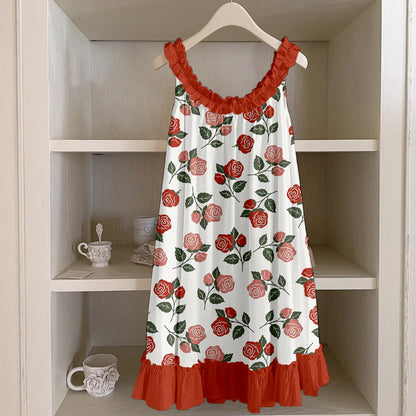 Cottagecore Roses Floral Pattern Ruffle Trim Linen Dress artswardrobe