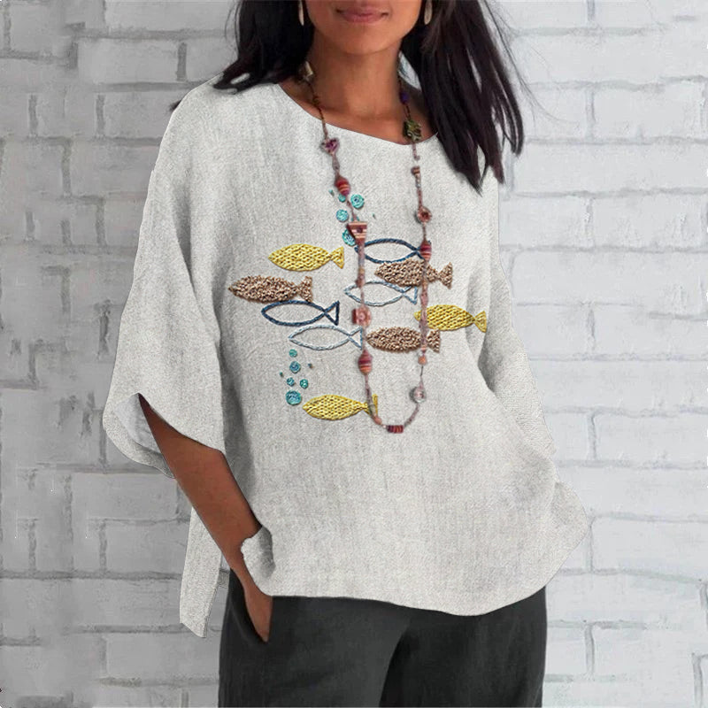 Comstylish Japanese Carp Embroidery Art Linen Shirt