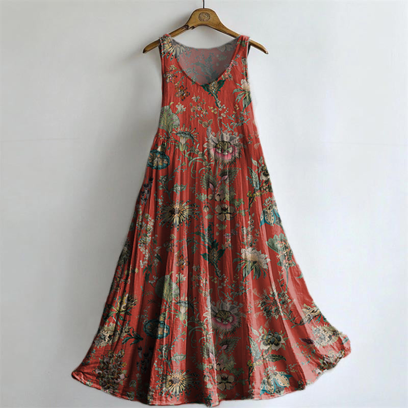 Women's Floral Art Print V-Neck Pocket Cotton Dress