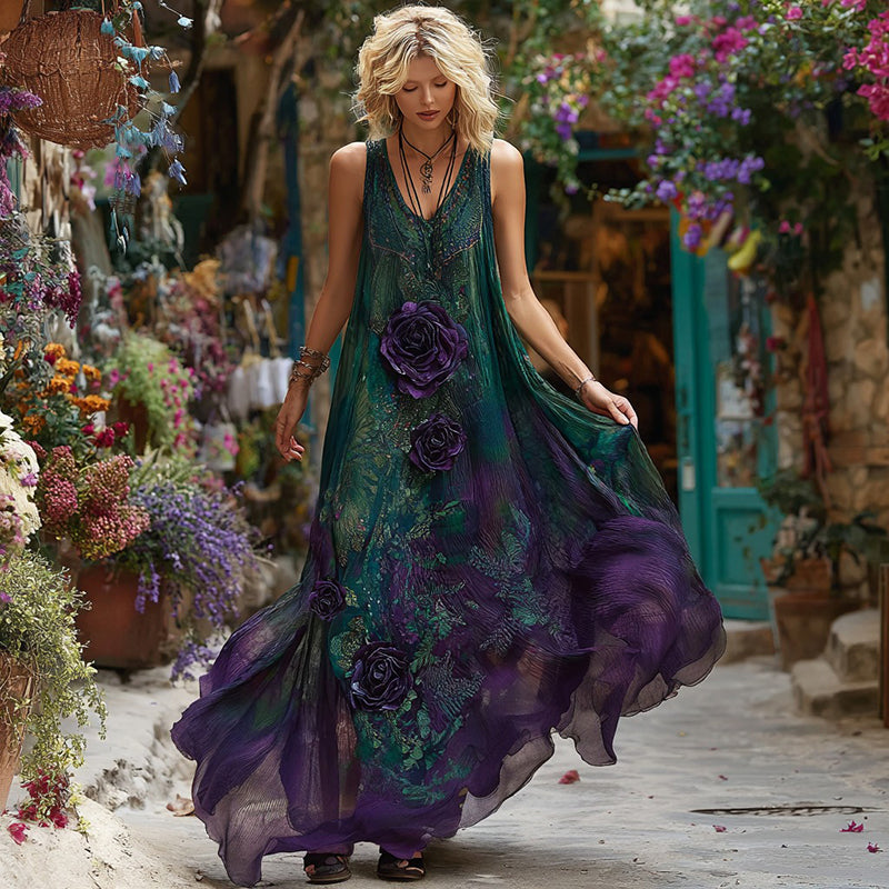 Vintage Purple Floral Embroidered Art Linen Sleeveless Maxi Dress artswardrobe