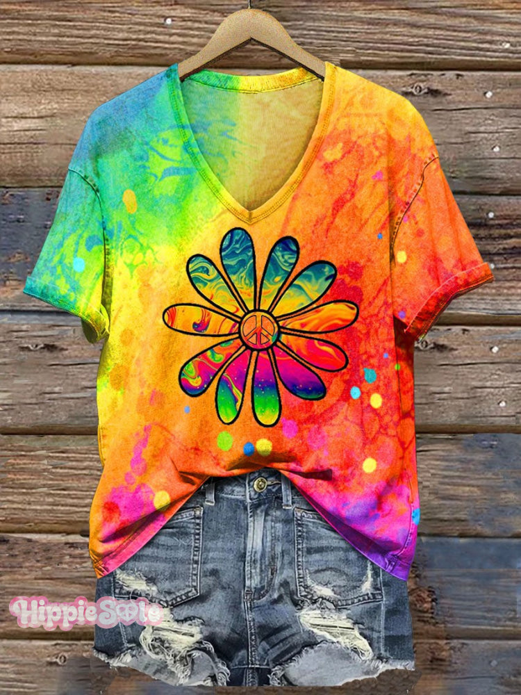 Daisy Peace Colorful Print V Neck T-Shirt