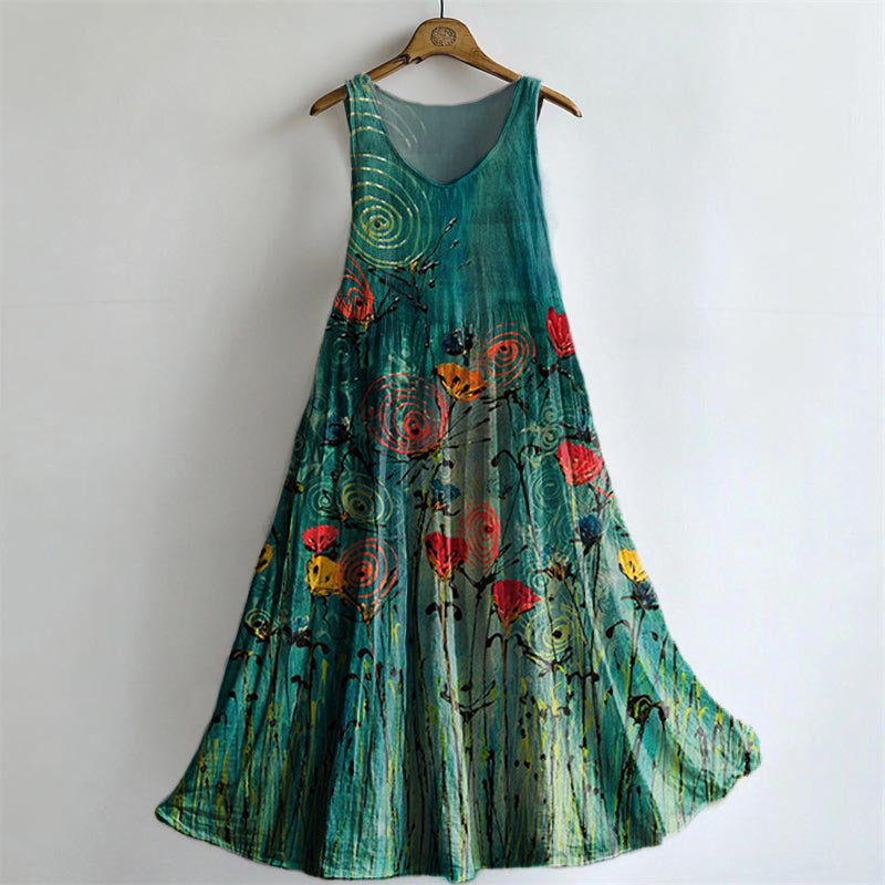 Women's Floral Art Print V-Neck Pocket Cotton Dress