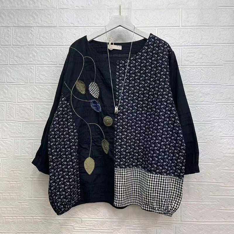 Comstylish Japanese Style Embroidered Floral Spliced ​​round Neck T-shirt