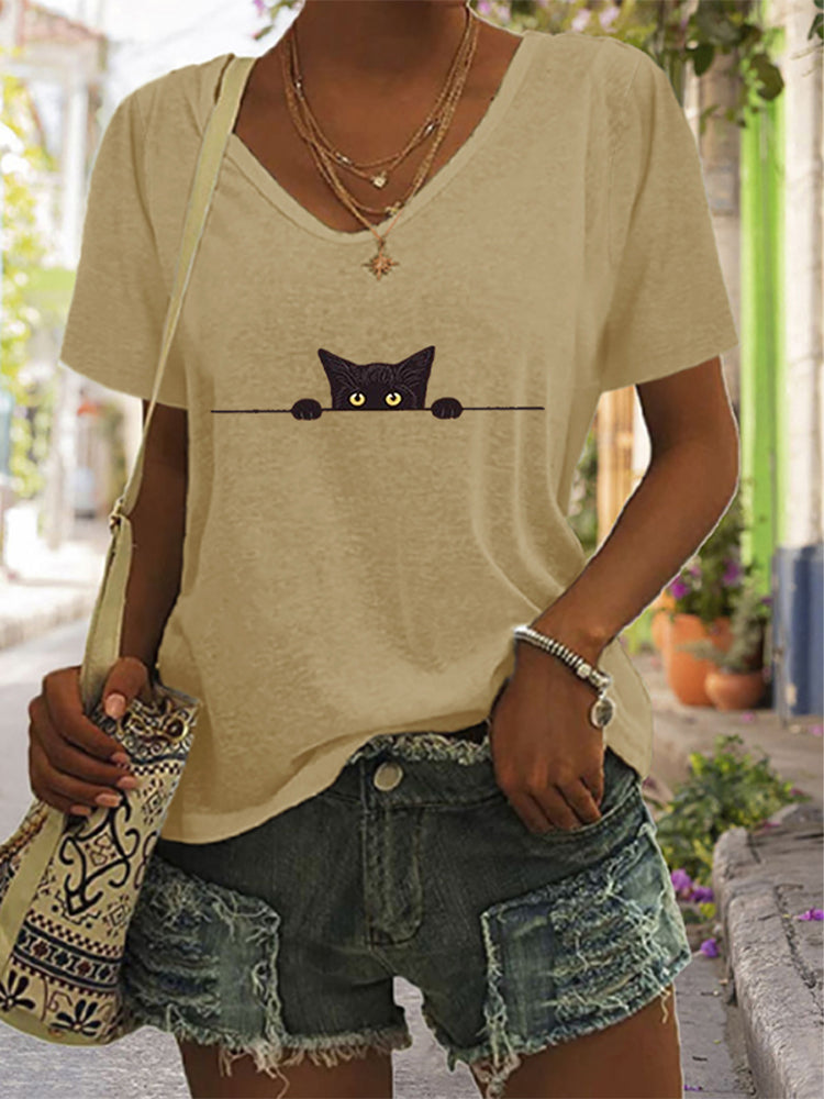 Comstylish Women's Casual Black Cat Print T-shirt