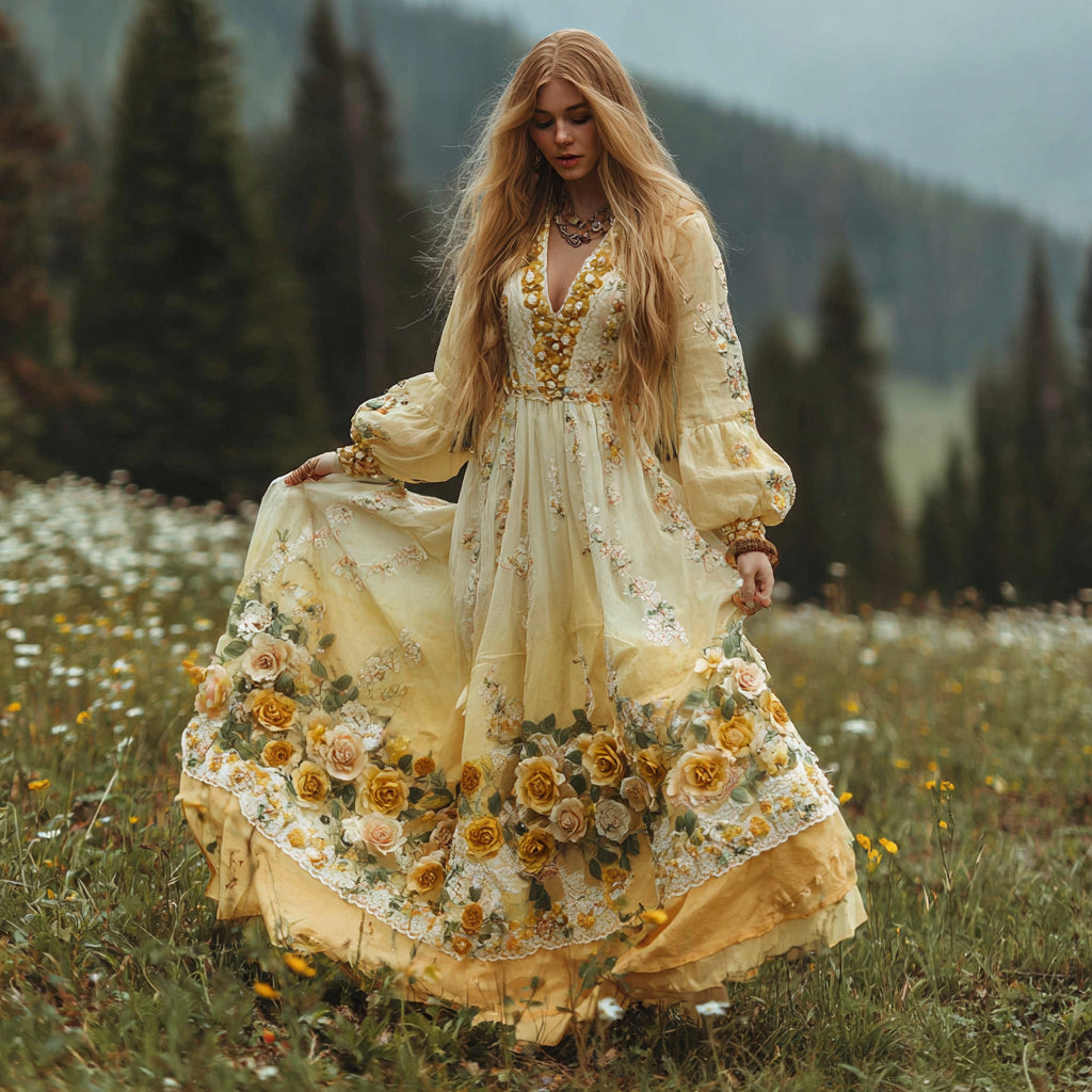 Comstylish Women's Classic Yellow Floral Art Print V-neck Long Sleeve Maxi Dress