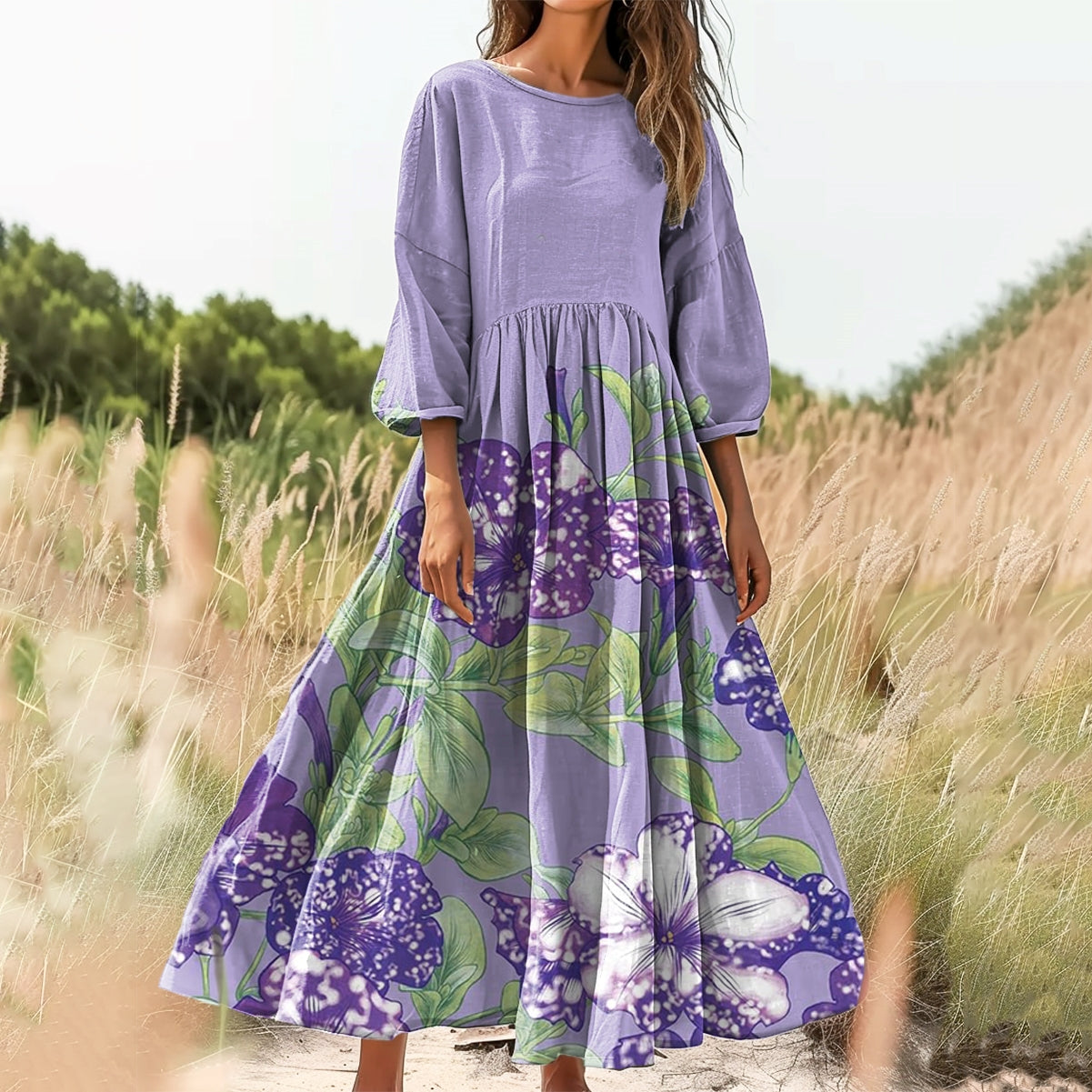 Women's Floral Embellished Pattern Art Print Cotton Crew Neck Dress