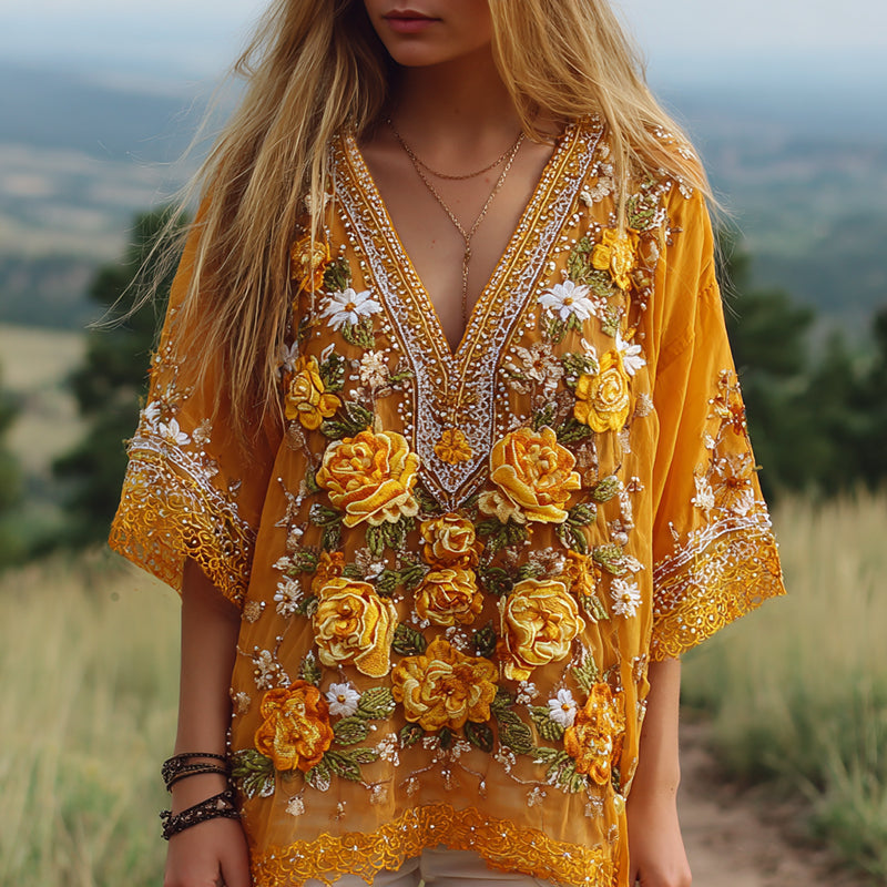 Comstylish Women's Classic Bohemian Yellow Floral Embroidery Art Linen Blend T-shirt