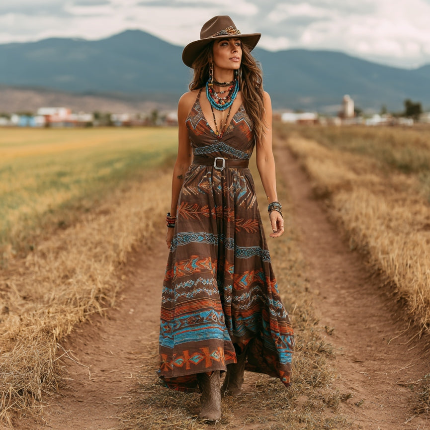 Women's Vintage Western Geometric Print V-neck Slip Maxi Dress artswardrobe