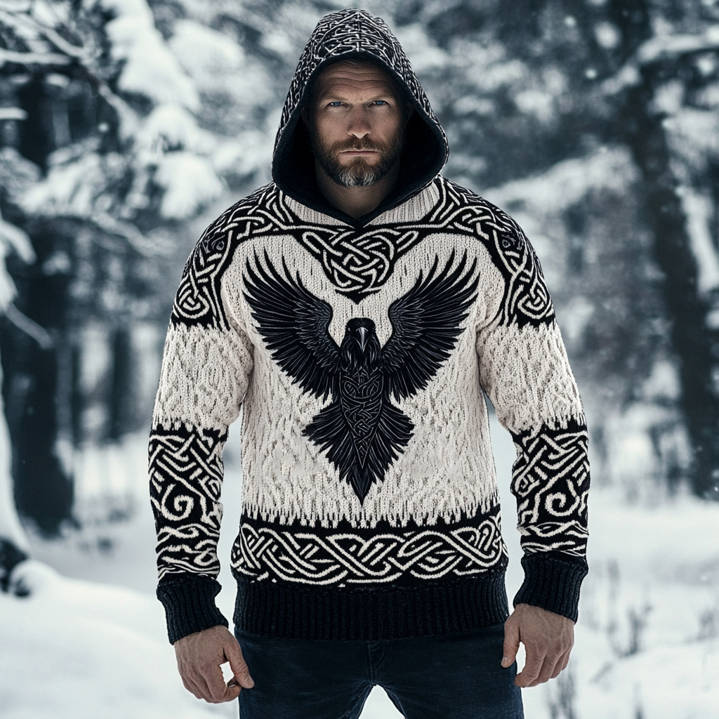 Men's Viking Art Jacquard Celtic Cozy Hooded Sweater artswardrobe