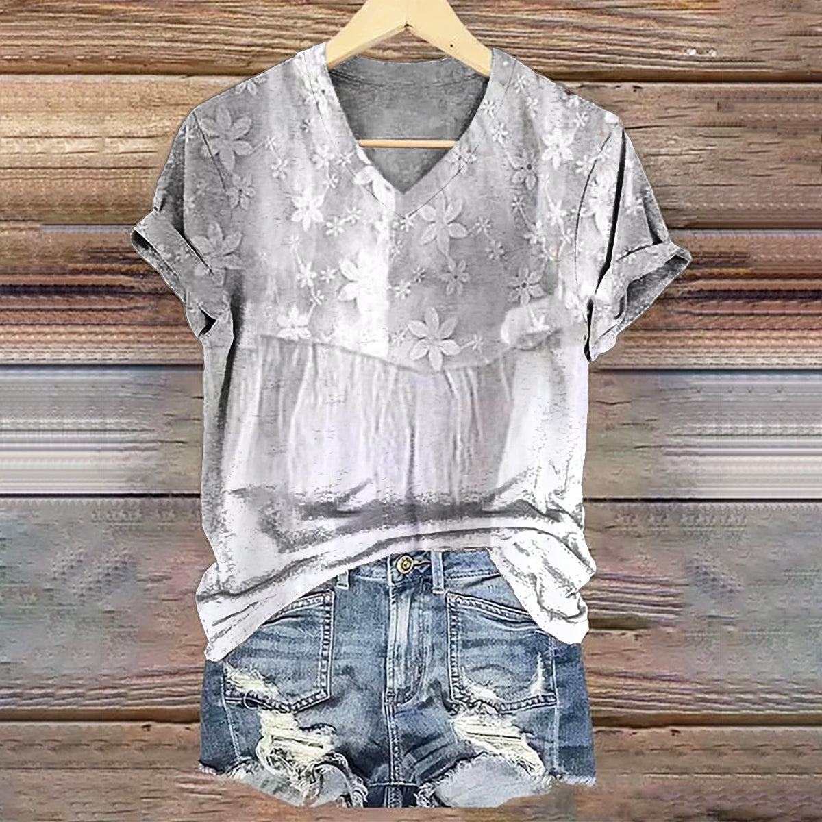 Women's Floral Art Print V-Neck Casual T-Shirt