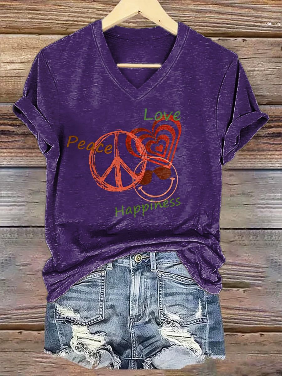 Women's Hippie Peace Love Art Print V-neck Casual T-Shirt