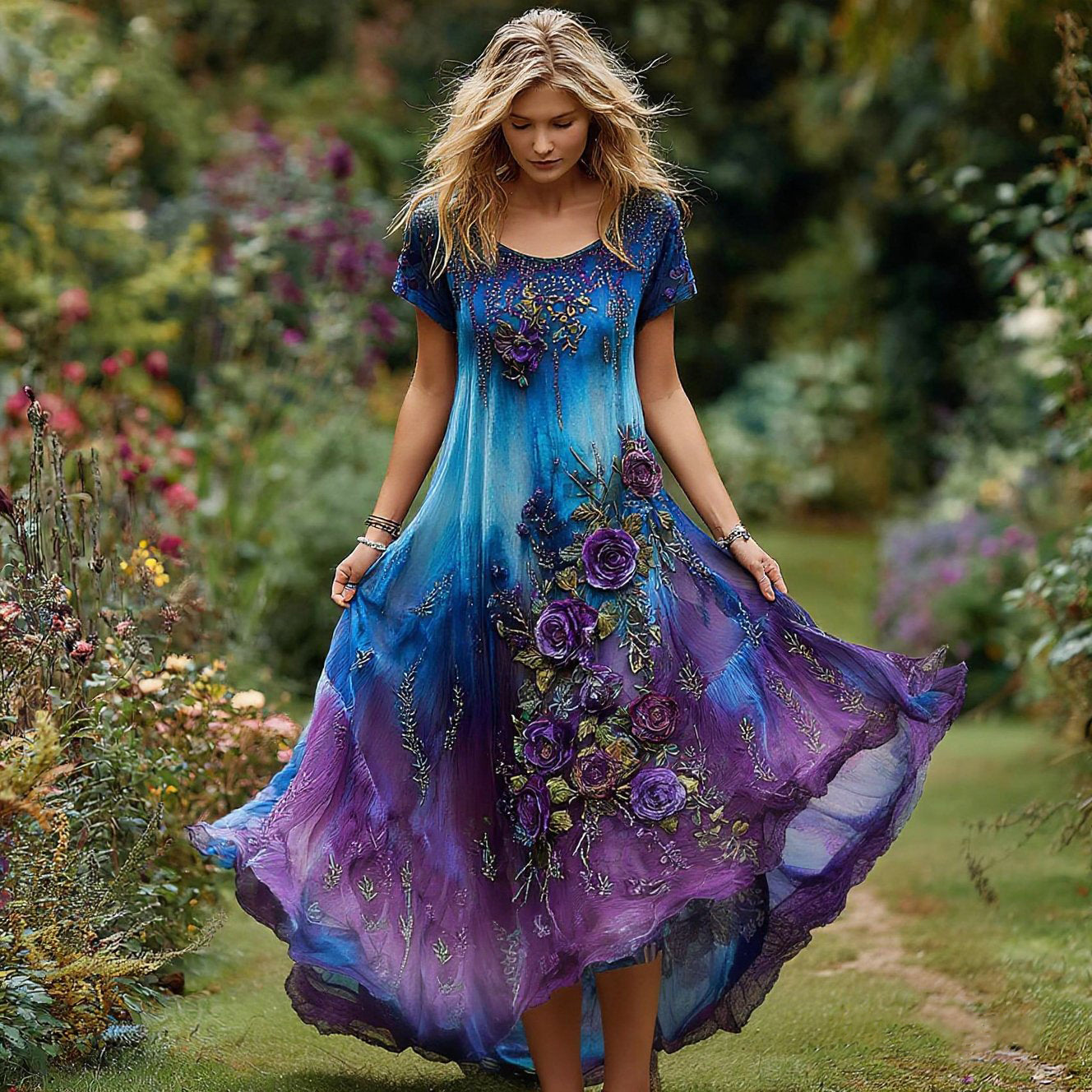 Women's Vintage Floral Embroidery Gradient Pattern Round Neck Dress artswardrobe