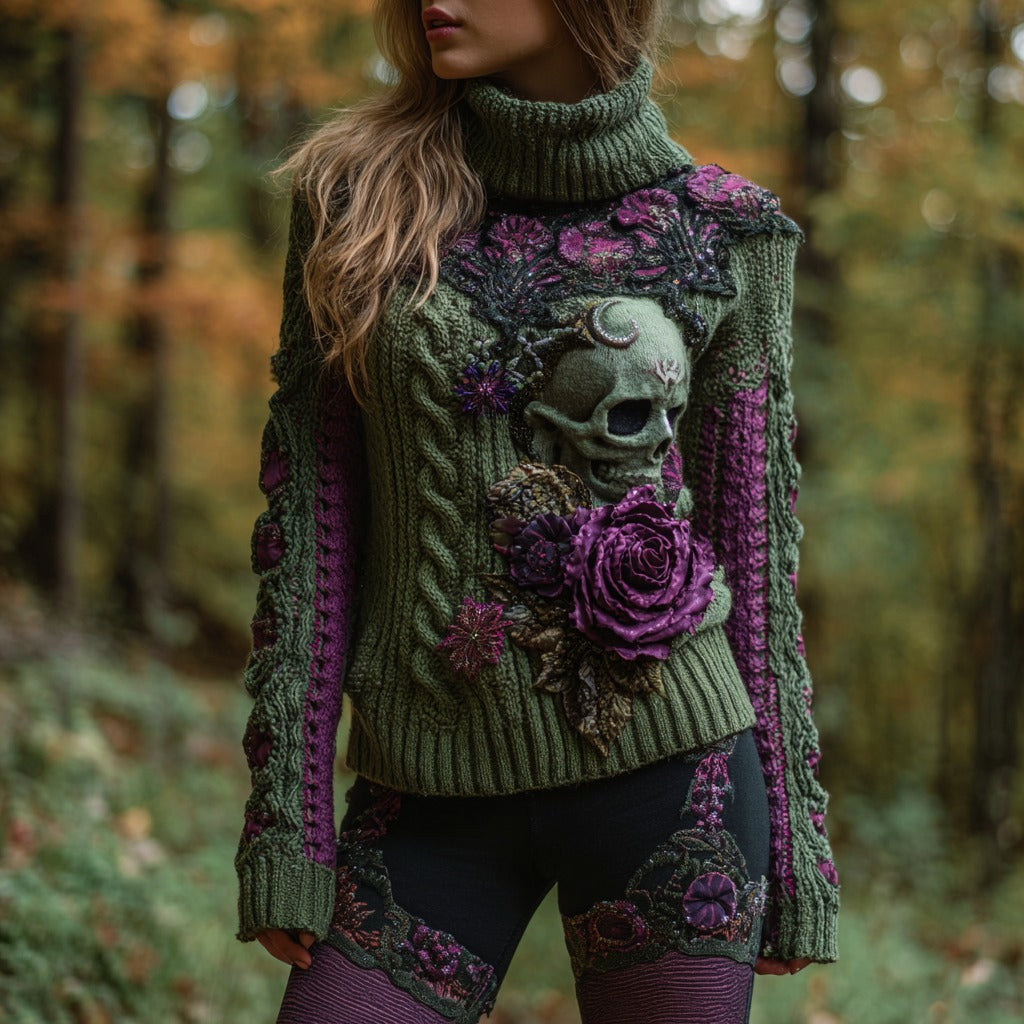 Women's Retro Sugar Skull And Rose Contrast Jacquard Cozy Warm Turtleneck Sweater artswardrobe