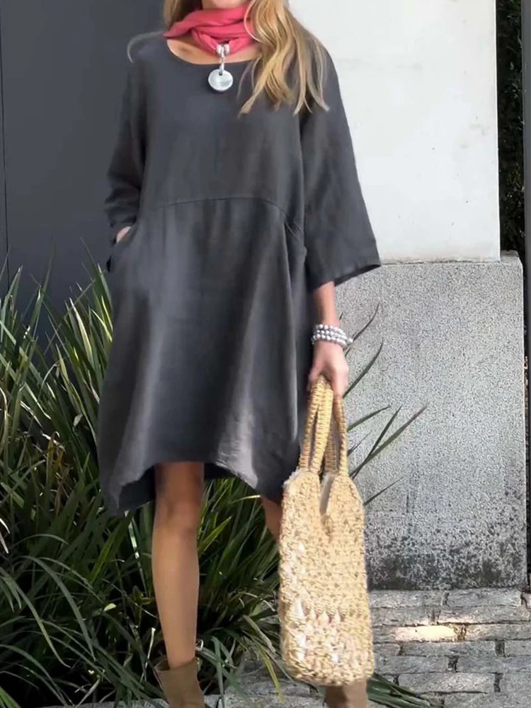Comstylish Cute Solid Color Pockets Linen Blend Midi Dress