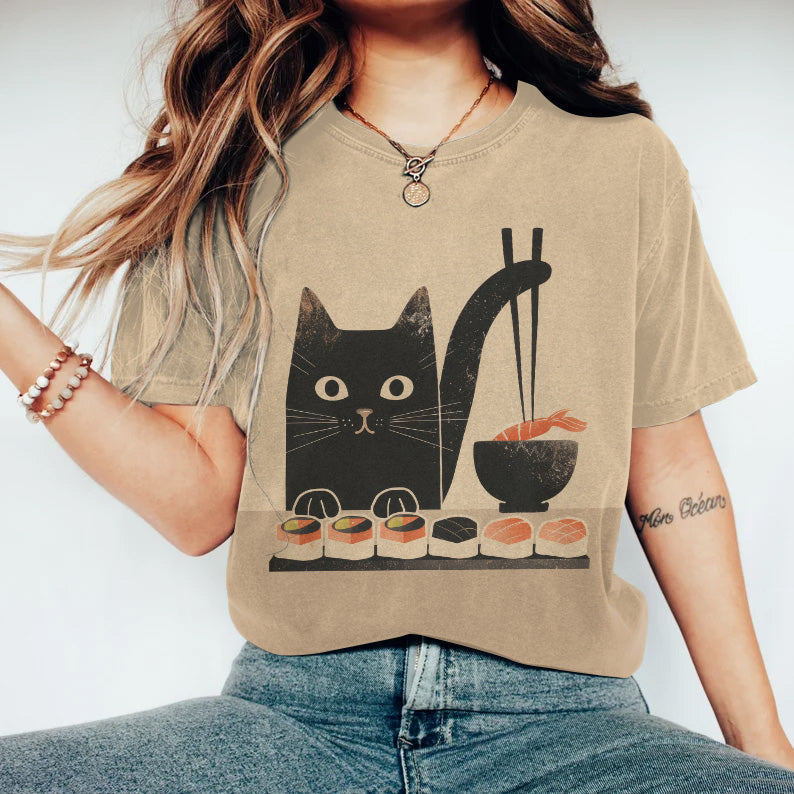 Japanese Art Eating Sushi Cat Print T-Shirt elevenforest
