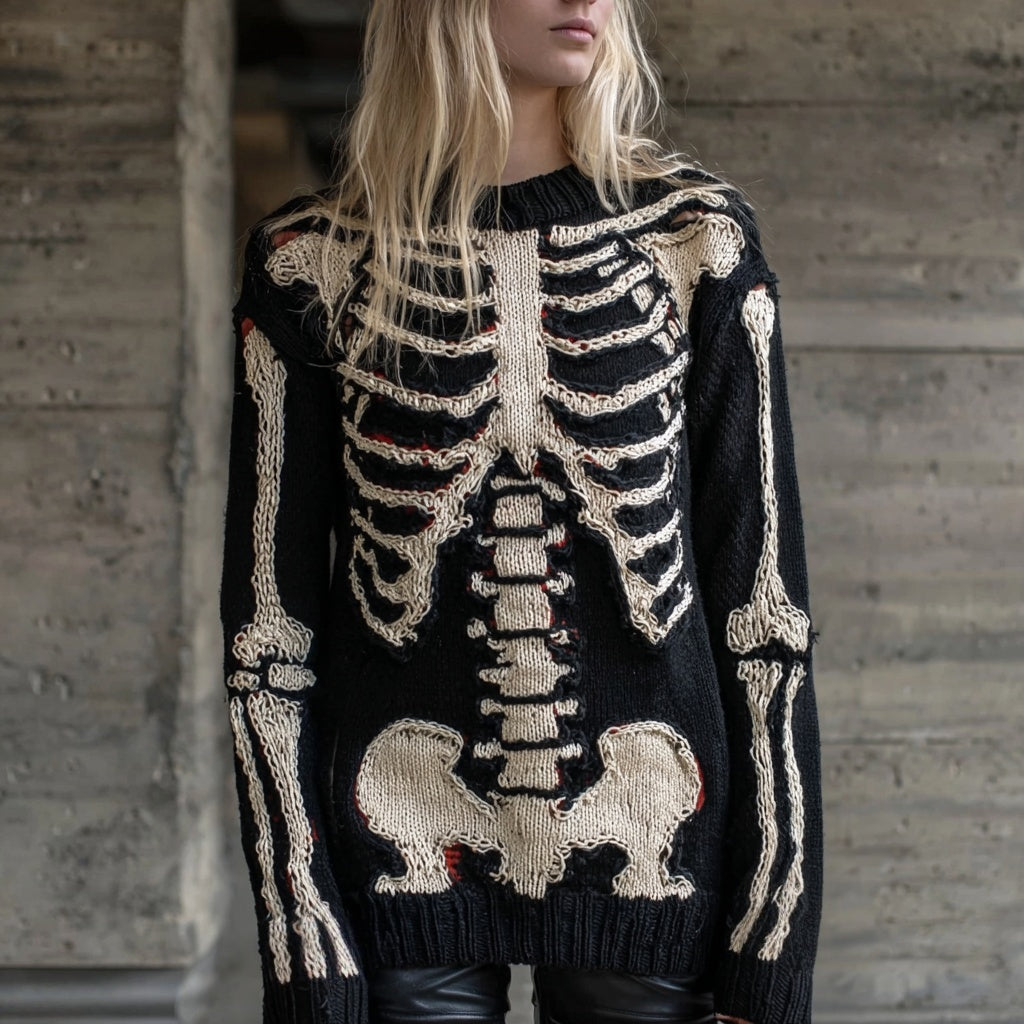 Comstylish Vintage Halloween Skeleton Art Knit Cozy Sweater