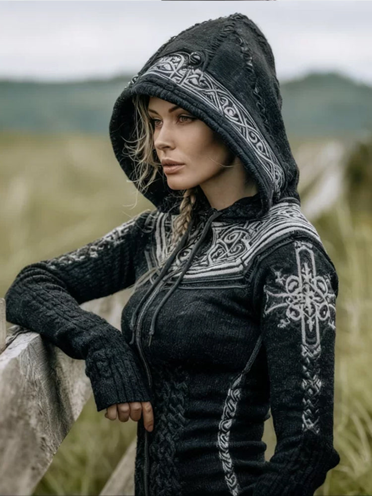 Women's Viking Style Celtic Knot Design Embroidered Hooded Sweater artswardrobe
