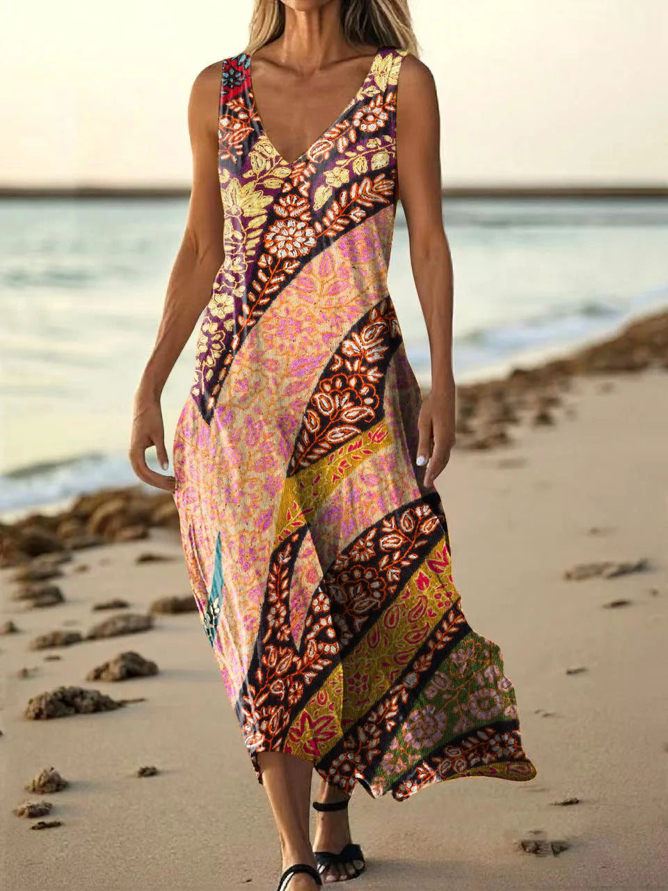 Women's Vintage Ethnic Floral Art Print Pocket Cotton Dress