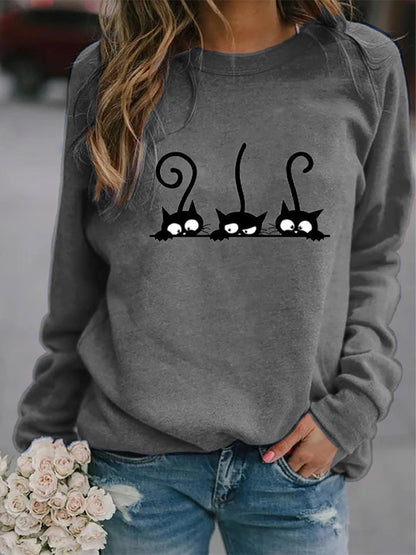 Comstylish Women's Casual Black Cat Print Sweatshirt