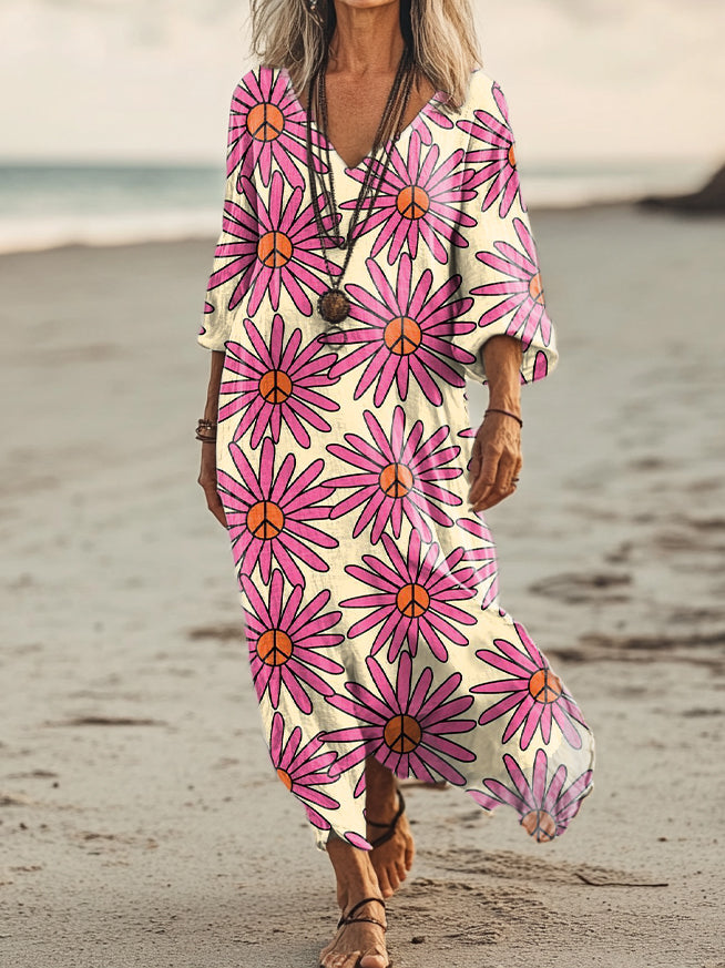 Women's Hippie Floral Art Print Pocket Cotton Dress