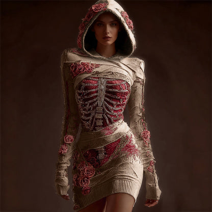 Classy Skeleton Anatomy Bloody Roses Bandages Hooded Sweater Dress artswardrobe