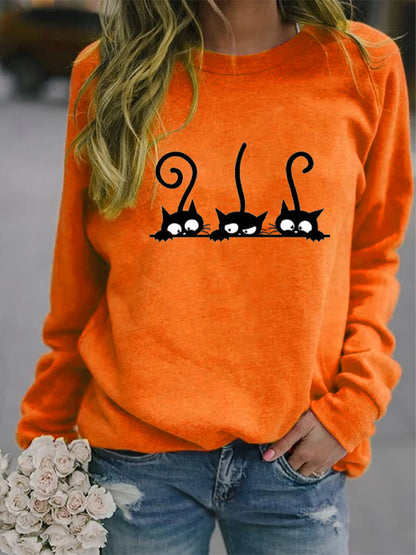Comstylish Women's Casual Black Cat Print Sweatshirt