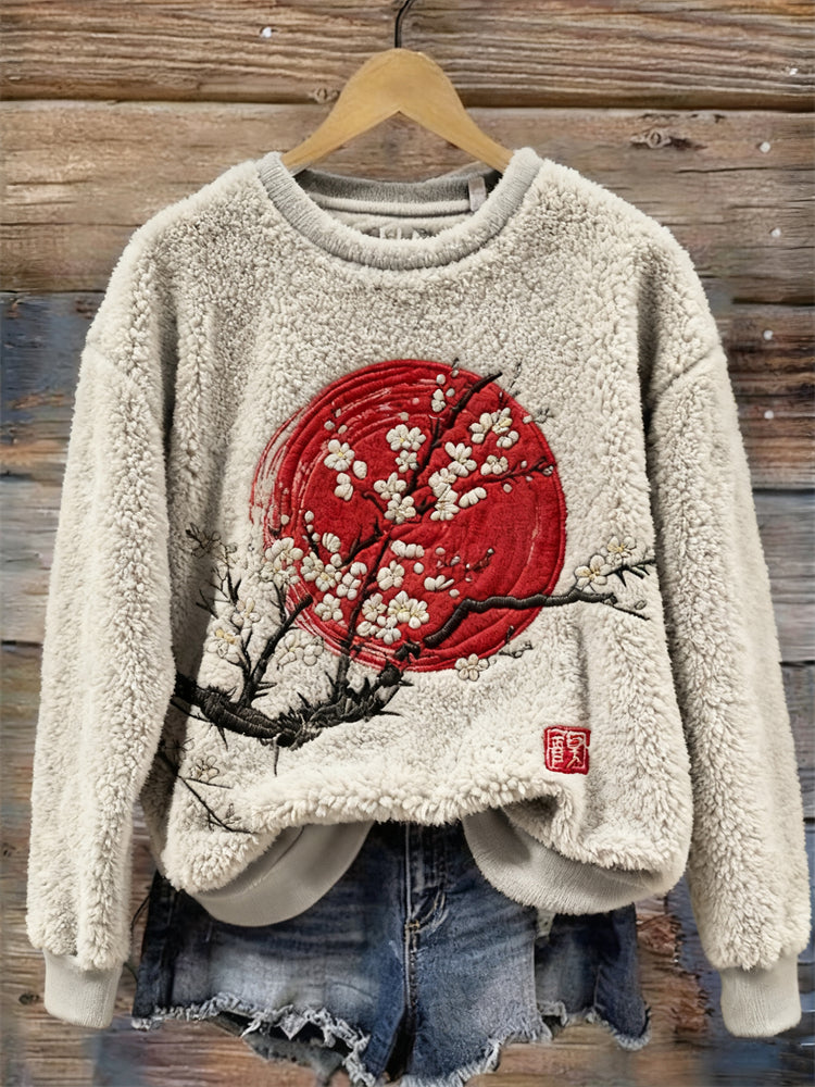 Comstylish Japanese Cherry Blossom Sunrise Embroidered Cozy Plush Sweatshirt