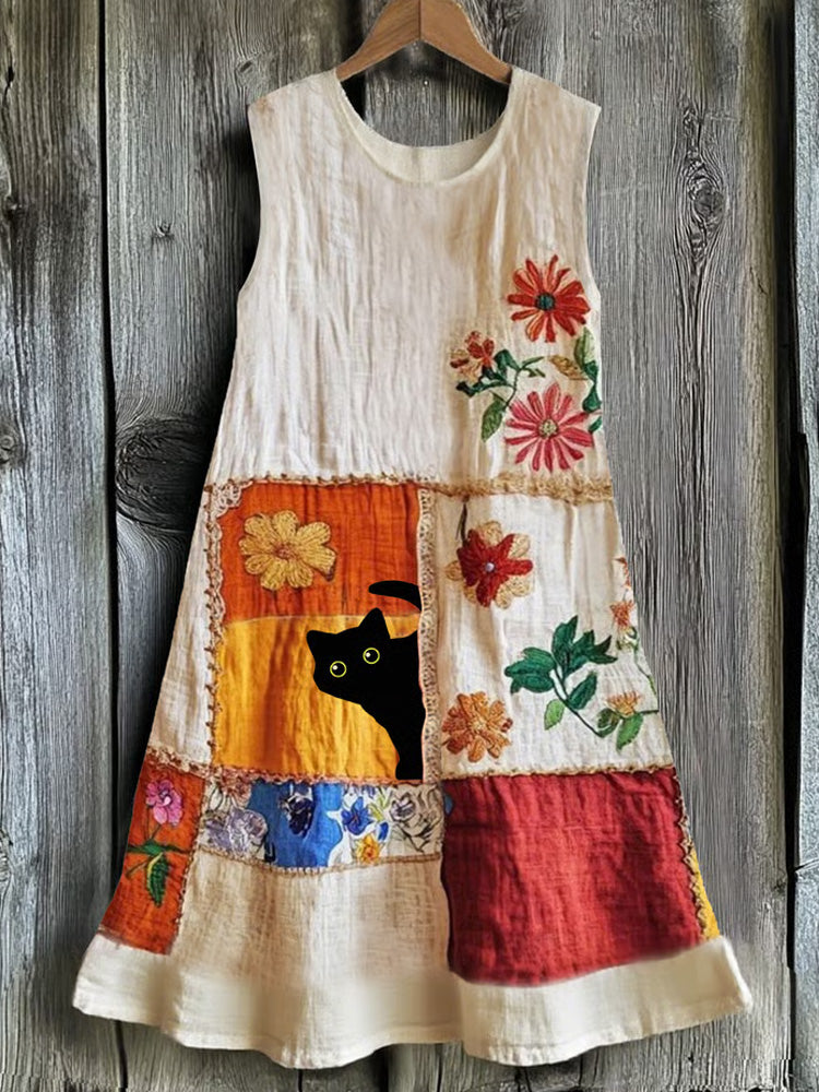 Comstylish Women's Japanese Art Embroidery Floral Cat Print Dress