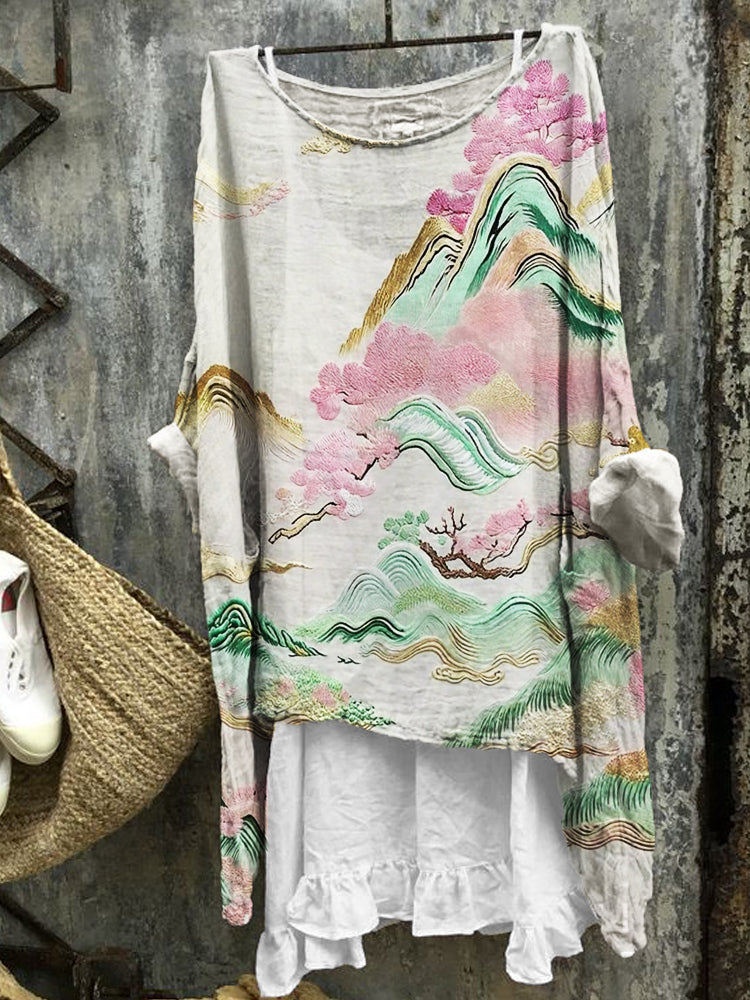 Comstylish Spring Landscape Japanese Art Flowy Linen Tunic