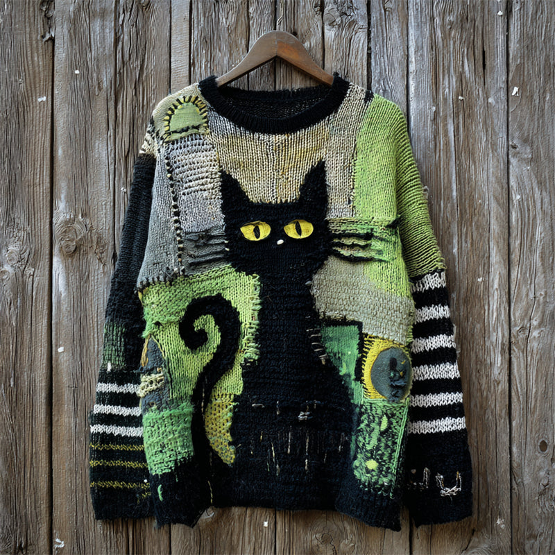 Halloween Witch Black Cat Striped Patchwork Cozy Knit Sweater elevenforest
