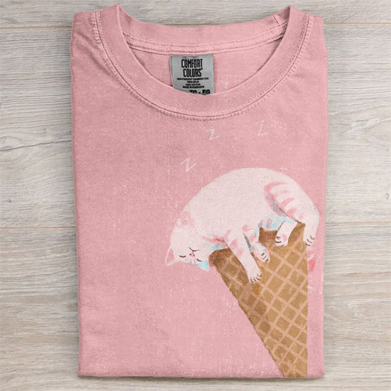 Comstylish Funny Sleeping Cat Ice Cream Cone Washed T Shirt