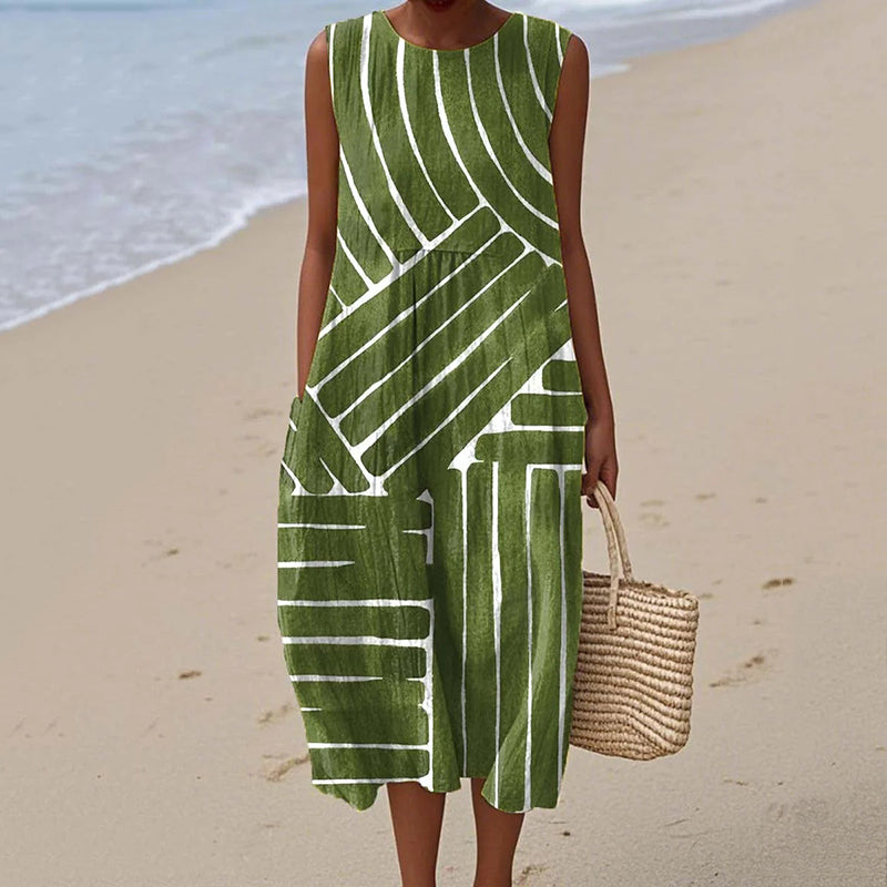 Women's Vintage Striped Art Print Linen Tank Dress artswardrobe