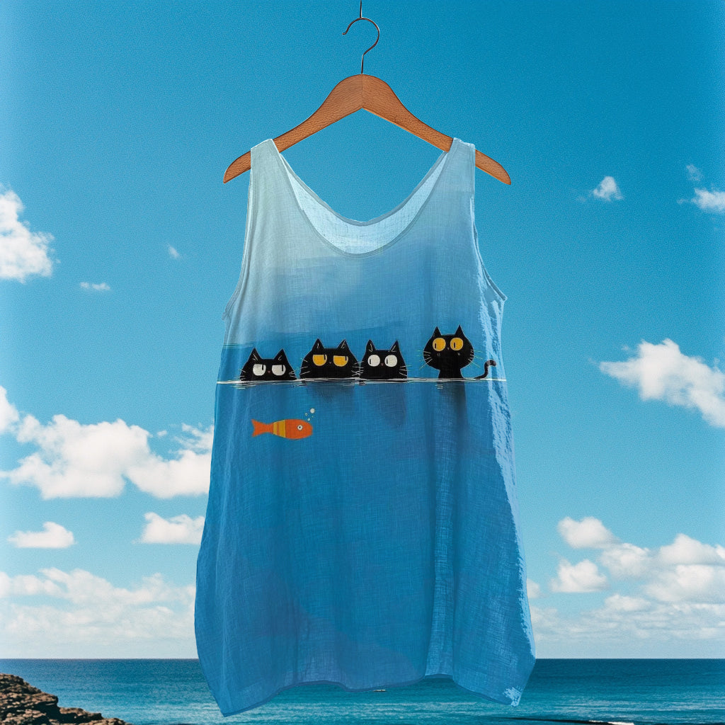 Women's Retro Funny Cat And Fish Art Pattern V-neck Vest artswardrobe