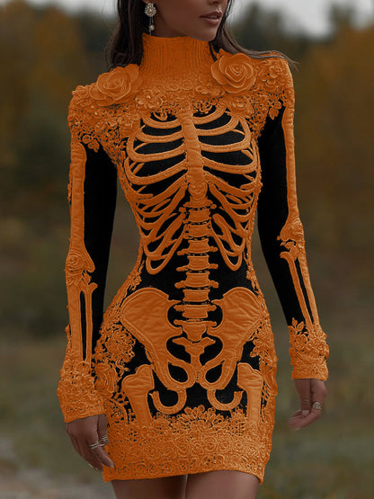 Women's Halloween Skeleton Bones With Rose Art Cozy Knit Turtleneck Mini Sweater Dress artswardrobe