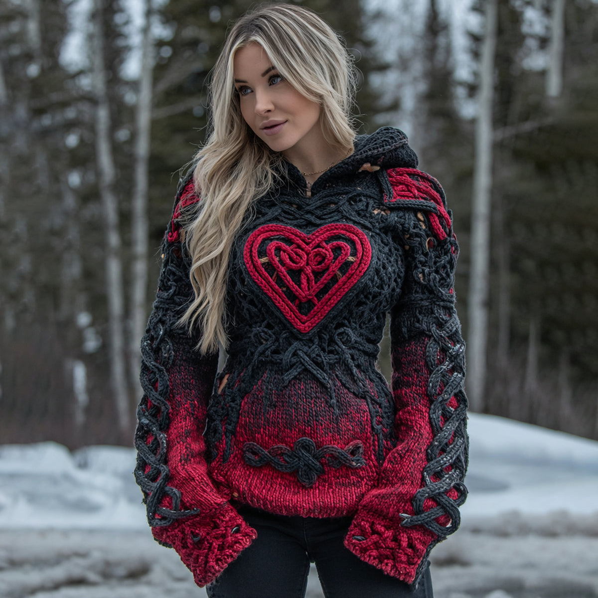 Women's Vintage Heart Art Knit Hooded Sweater artswardrobe