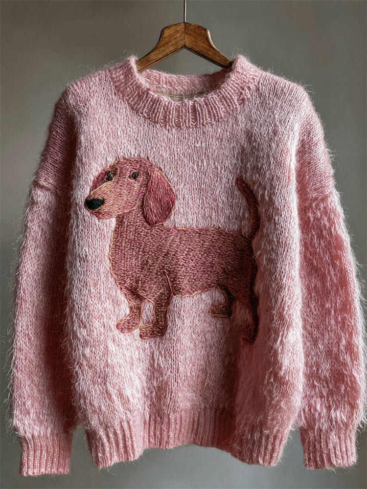 Pink Dachshund Embroidered Fuzzy Cozy Knit Sweater artswardrobe