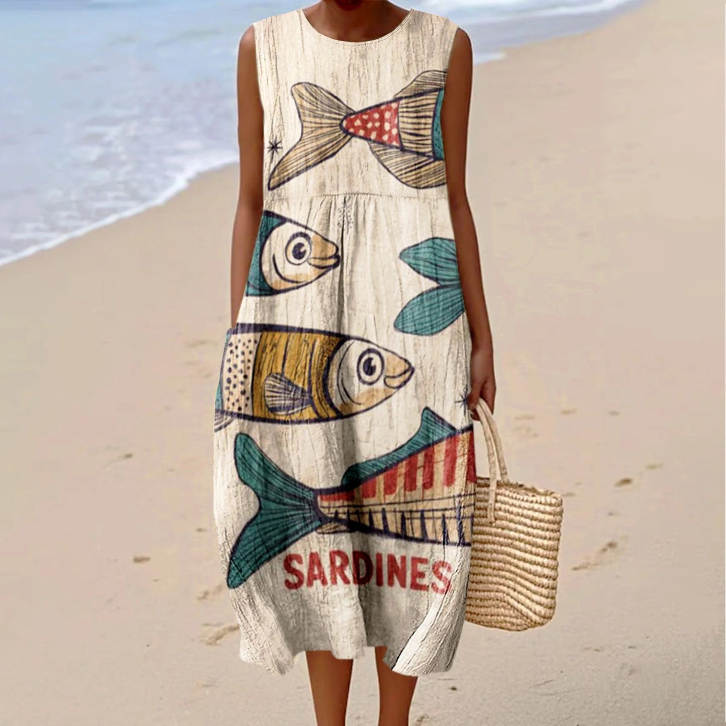 Comstylish Women's Vintage Fish Sardines Art Print Cotton Casual Dress